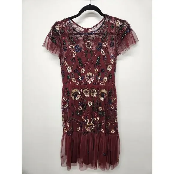Gianni Bini Women's Wendy Burgundy Sequin Mesh Embroidered Floral Dress, Size 0 - Picture 3 of 14